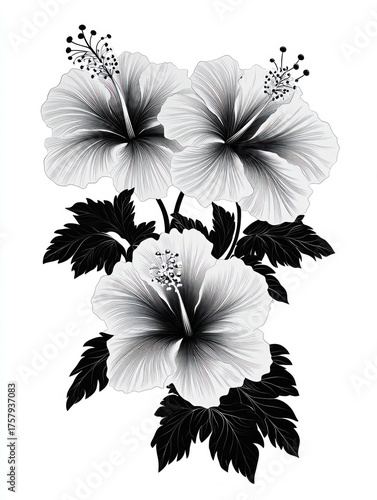Detailed black and white illustration of three blooming hibiscus flowers with large petals and prominent stamens surrounded by dark leaves