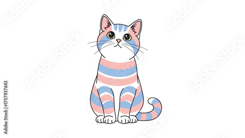 An endearing cartoon illustration of a seated cat, showcasing the transgender flag's colors in its fur, against a clean white backdrop, evoking a sense of inclusivity and pride