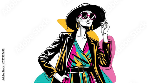 High-Quality Colorful Continuous Black Line Art of Stylish Young Woman Wearing Hat or Sunglasses – Confidence and Fashion Elegance