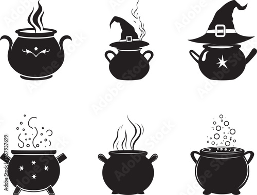 Six black and white silhouettes of witch's cauldrons and hats, with steam rising from them.