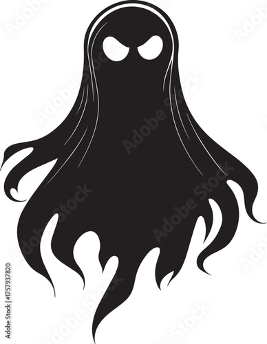 A black and white silhouette of a ghost with long, flowing hair and a menacing expression, set vector illustration