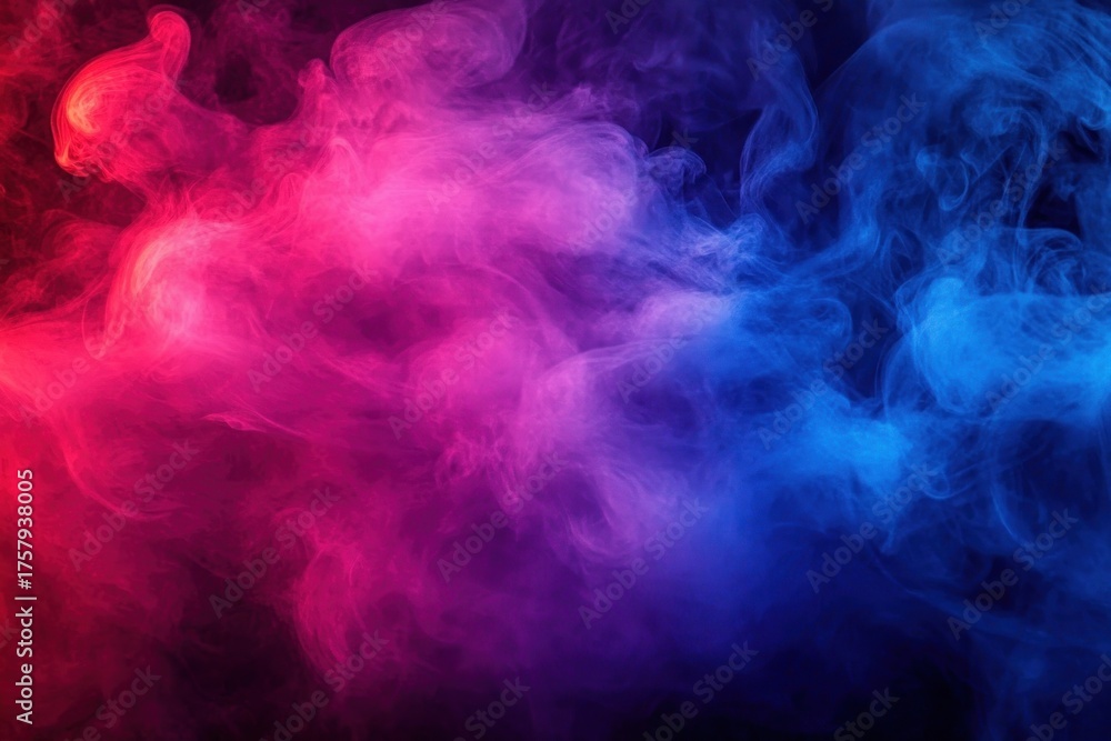Fototapeta premium Swirling red, pink, purple, and blue smoke on a dark black background creating a misty, atmospheric, and mysterious effect