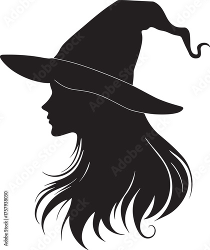 A black and white silhouette of a witch with long hair and a pointed hat, set vector illustration