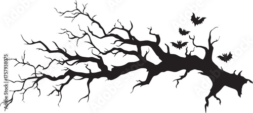 A spooky tree with bats flying around it.