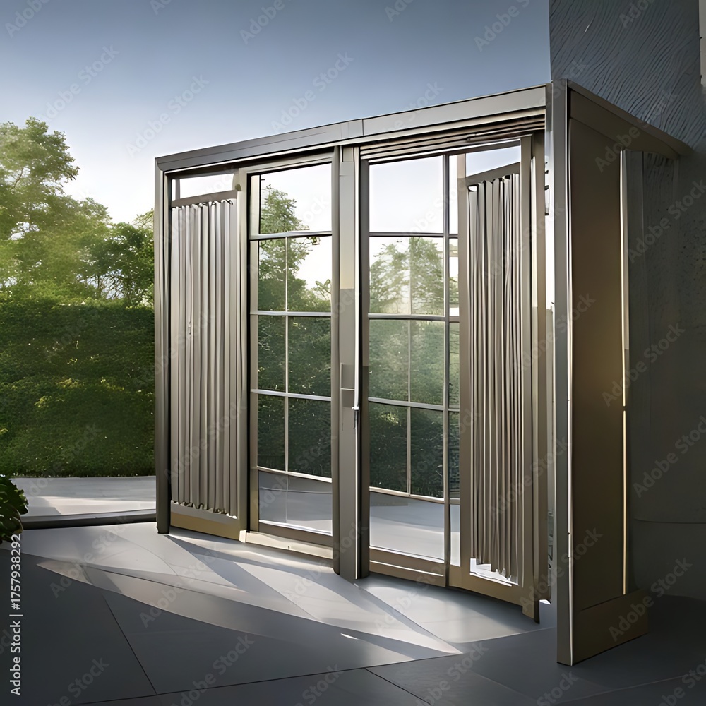 Fototapeta premium Modern, glass-paned doors open to a sunlit garden patio