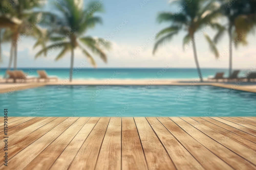 Fototapeta premium Empty outdoor swimming pool with clear turquoise water surrounded by a wooden deck and palm trees with ocean view under a bright sky