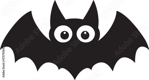 A black and white illustration of a bat with large, round eyes and wings spread wide.