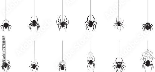 A collection of black and white spiders hanging from a string vector illustration