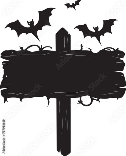 A black and white silhouette of a wooden signpost with bats and a cat on it.