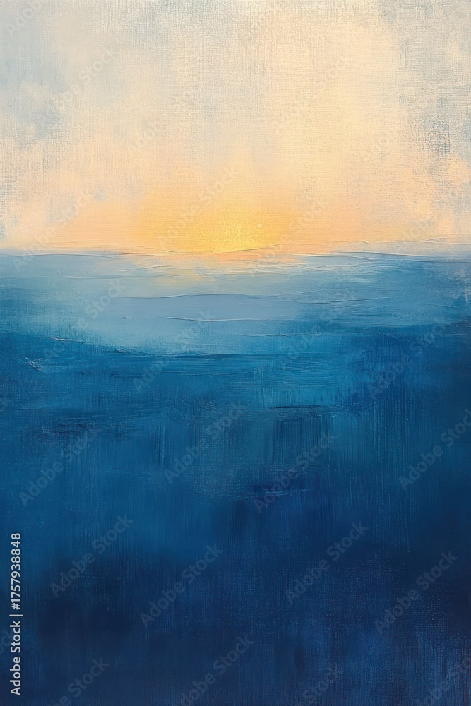 Fototapeta premium Abstract serene landscape with layered blue hills beneath a soft pastel sunrise or sunset sky, evoking calm and peaceful emotions
