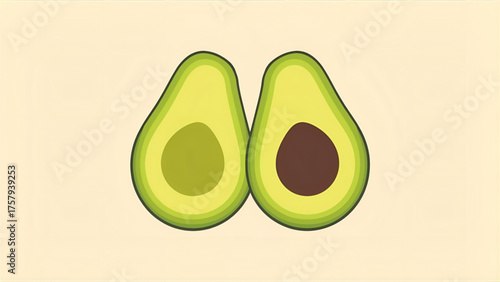 A vector of an avocado cut in half, with bright green flesh and a dark seed, clean lines, and a light background.