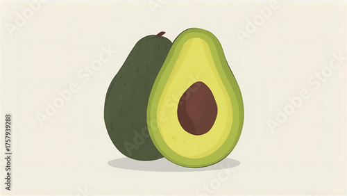 A vector of an avocado cut in half, with bright green flesh and a dark seed, clean lines, and a light background.