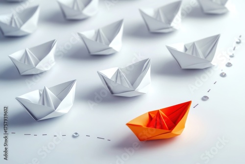 Free Download orange origami boat leading a group of white origami boats symbolizing leadership and individuality on a white surface - GFXLoad