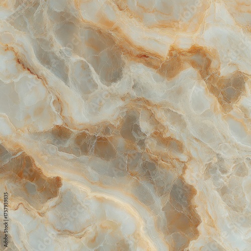 close-up view of a natural stone surface with intricate patterns in beige, brown, and gray tones creating an abstract marble texture