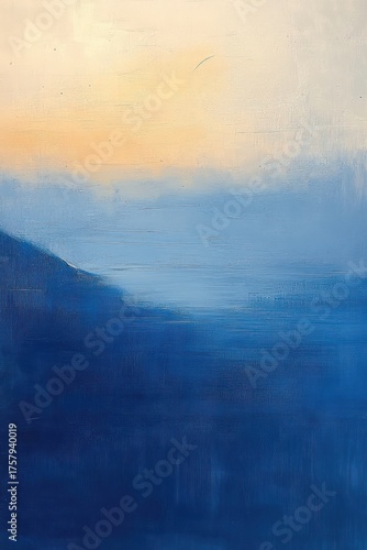 Soft gradient of misty blue hills fading into light peach sky at sunrise or sunset with calm and serene atmosphere