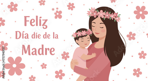 Mother and Child Celebrating Mother's Day with Flower Crowns and Pink Flowers