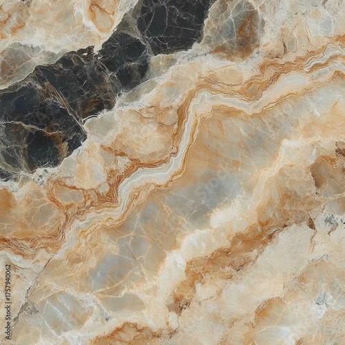 Close-up view of polished natural stone surface with beige, black, white, and brown veins creating an elegant marble pattern