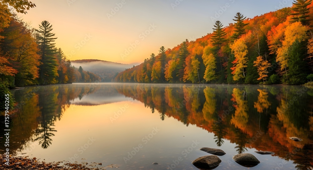 Obraz premium Autumnal Lake Reflection Forest Trees Scenery Fall Foliage Water Landscape