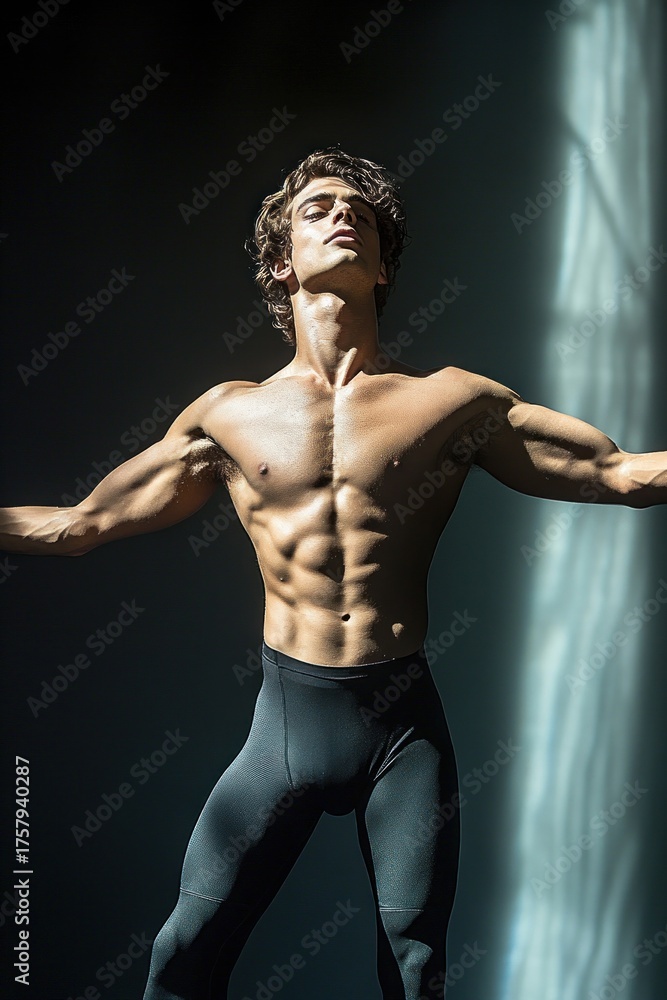 Obraz premium Muscular shirtless man standing with arms outstretched and eyes closed in dramatic light