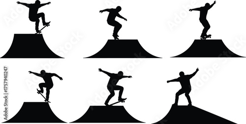 “Dynamic skateboarder silhouettes performing tricks on half pipe ramps extreme sports vector illustration showcasing motion balance energy lifestyle urban culture”
