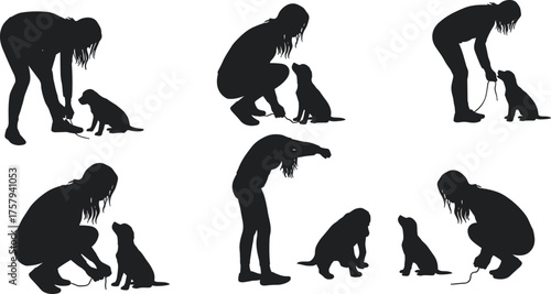 Silhouette vector illustration of person training puppy with commands, obedience practice, bonding moments, dog care, pet love, companionship"