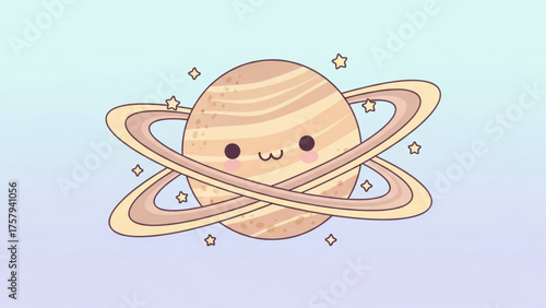 Adorable Illustration of a Smiling Cartoon Saturn Planet with Rings and Tiny Stars, Perfect for Space-Themed Designs and Children's Content