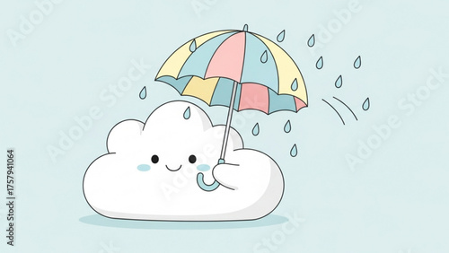 Cute Cartoon Cloud Shielding Rain with an Umbrella Whimsical Weather Illustration for Decorative and Design Purposes with a Blue Background
