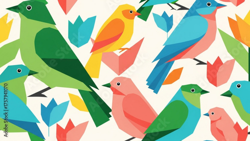Vibrant Geometric Bird Pattern Colorful Birds and Flowers on a White Background, Perfect for Textile Design, Wallpaper, and Decorative Art