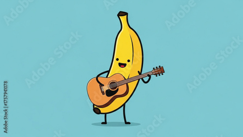 A cheerful cartoon banana strumming a guitar, depicted with a smiling face and simple lines, set against a solid light blue background, creating a playful and musical scene