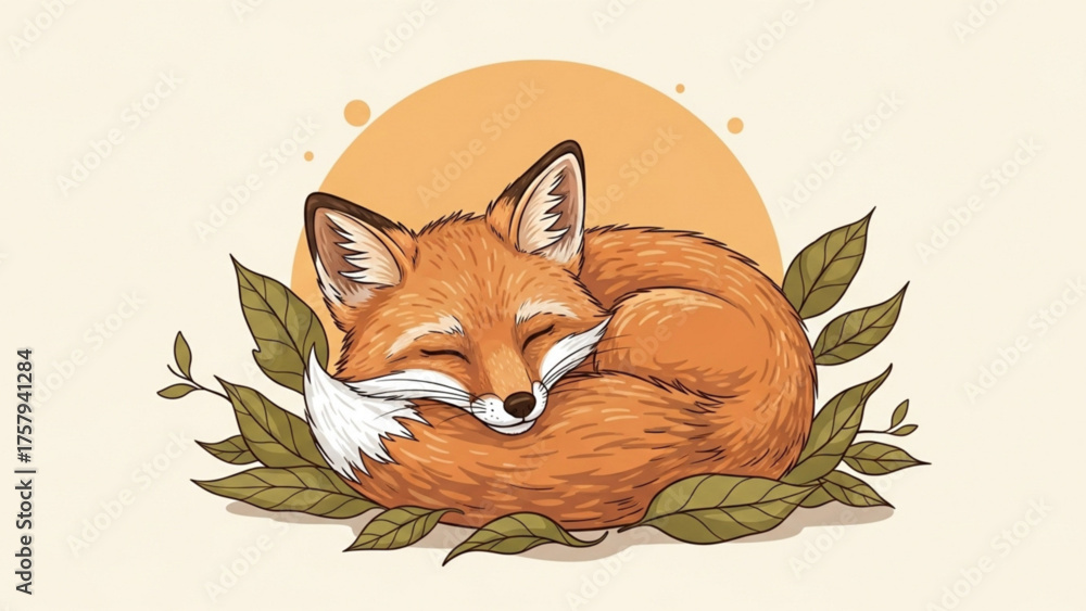 Fototapeta premium Illustration of a charming, curled-up fox in a serene autumn setting with a sun-like backdrop, surrounded by leaves, evoking a sense of tranquility