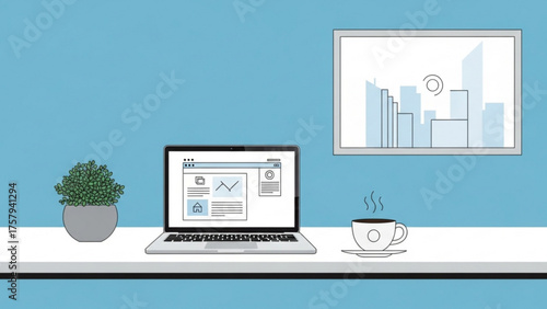 Illustration of a Laptop on a Desk with a Plant, Coffee Cup, and Artwork; Depicting Remote Work, Digital Workplace, Online Communication, and Technological Connectivity