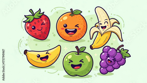 Cute cartoon fruits with happy faces in a whimsical illustration. A fun and adorable image of various smiling fruits, perfect for design and more