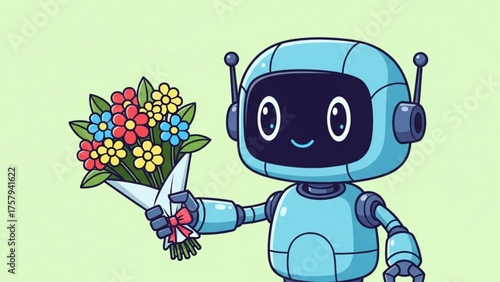 A Friendly AI Companion Digital Robot Delivers a Vibrant Bouquet of Flowers, Symbolizing Tech & Nature Harmony with Artistic Flair