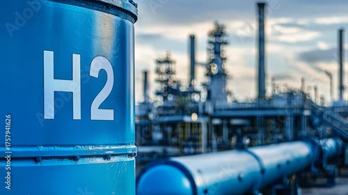 Close-up view of an industrial hydrogen fuel storage tank. 