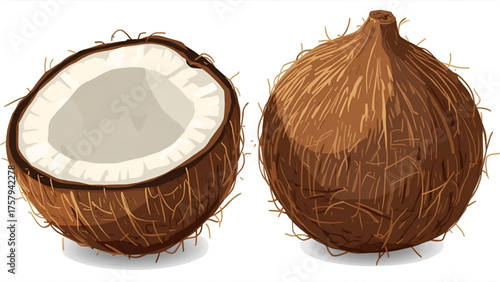 A vector of a coconut, showing the rough brown shell with a hint of white interior, minimal shading, and clean lines.