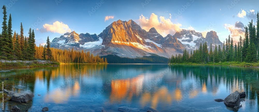 Fototapeta premium Serene mountain landscape with snow-capped peaks reflecting on a calm blue lake surrounded by green pine trees under a bright sky with scattered clouds