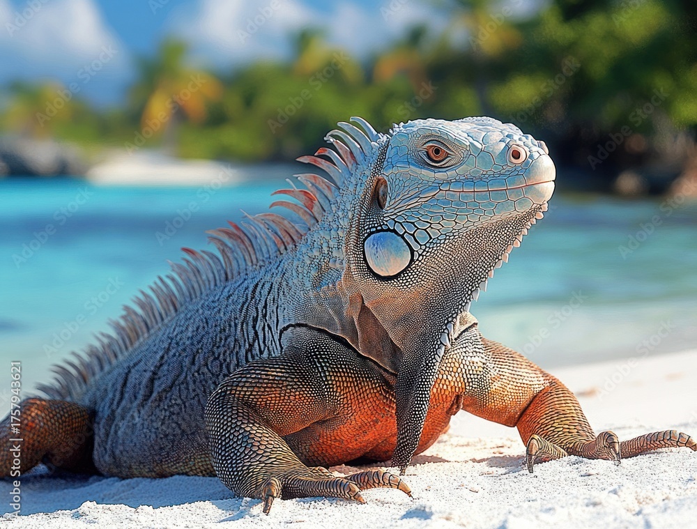 Obraz premium Close-up of a large iguana resting on white sandy beach with tropical ocean and palm trees in the background under blue sky