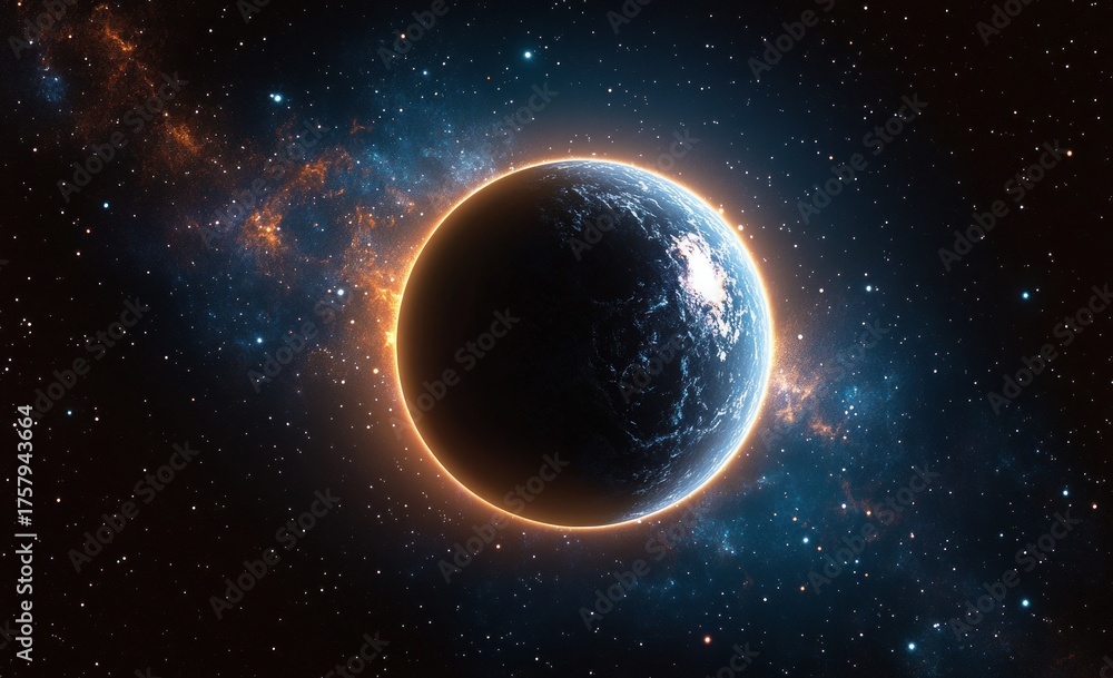 Fototapeta premium Glowing planet partially illuminated against a star-filled space backdrop with colorful nebula clouds and cosmic dust