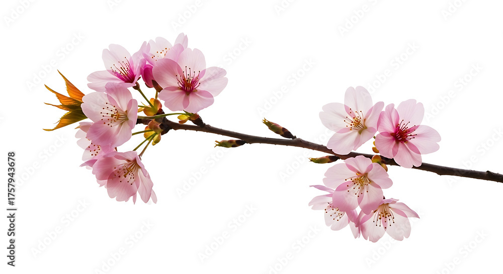 Obraz premium Delicate pink cherry blossoms on a dark branch isolated on transparent background