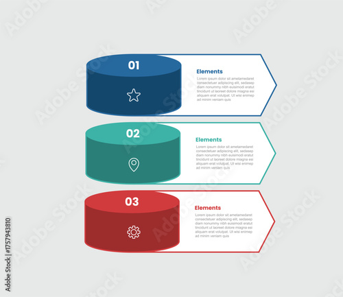 3 elements infographic comparison diagram with 3d shape circle with arrow box container stacked list vertical with 3 step for slide presentation