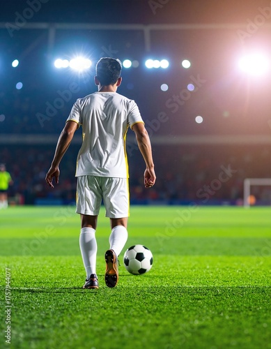 A focused soccer player strides confidently across a vibrant green field, wearing a bright jersey and cleats, with a soccer ball nearby under a clear blue sky.