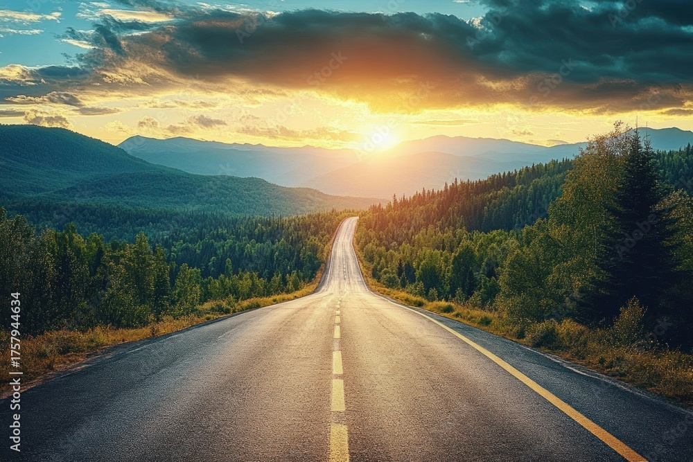 Fototapeta premium Empty paved road winding through a dense forested landscape with mountains in the background under a glowing sunset sky with dramatic clouds