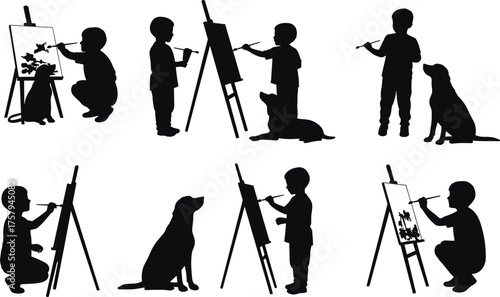 Black and white silhouette vector illustration of children painting on easels with dogs, creative art activity, childhood friendship, pet companionship