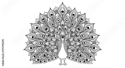 Peacock line art illustration for coloring book