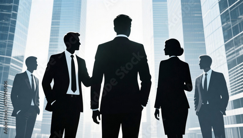 silhouettes of business people and global business