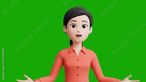 A simple and clean 3D animated female avatar in a orange shirt, presented on a green screen background. Perfect for presentations, explainer videos, or corporate animations.