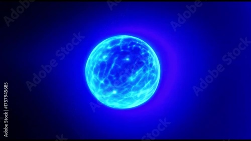 Abstract glowing blue energy ball surrounded by dazzling purple particle waves on a dark background.