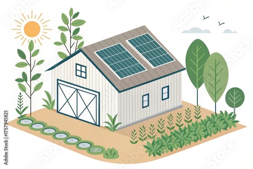 Minimalist Barn with Solar Panels on the Roof in Bright Sunlight