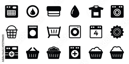 Laundry Service Pictograms Symbols Icons Set. Minimalist Black Graphics. Clothes Care, Washing Machines, Baskets, Calendar, Water Drop Isolated on Transparent Background.