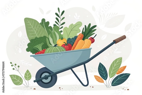 Wheelbarrow filled with fresh vegetables in a flatlay style